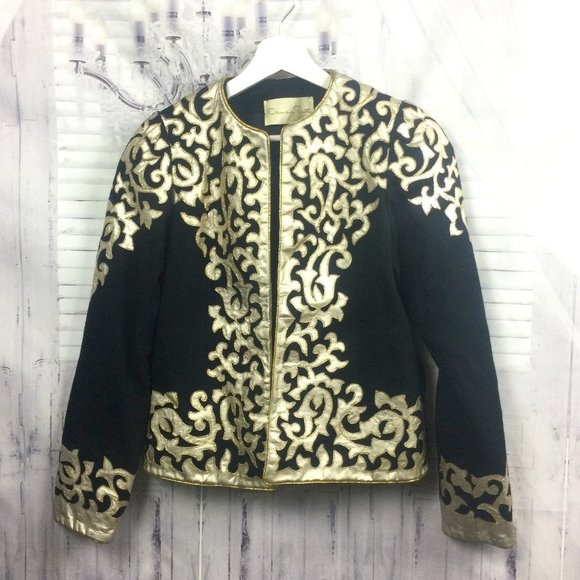 Oscar de la Renta Black Blazer Leather Overlay